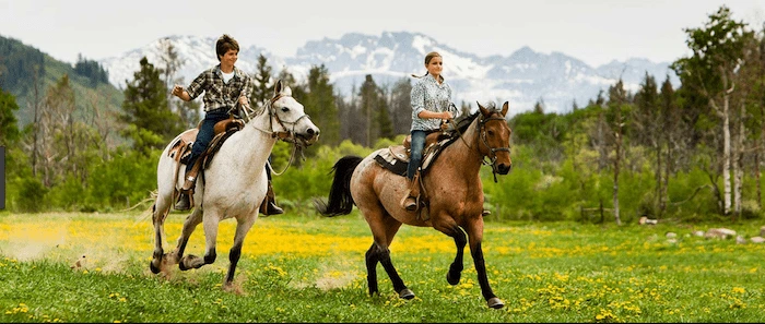 Confident plus-size woman riding Runnymede a horse through a field with a smile on her face.